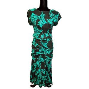 Vintage 80s Joni Blair Belted Hip Bustle Midi Dress Black & Turquoise 9